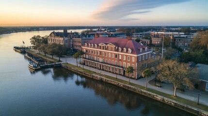 Serene Waterfront Architecture at Dawn with Reflective Waterside View and Tranquil Atmosphere