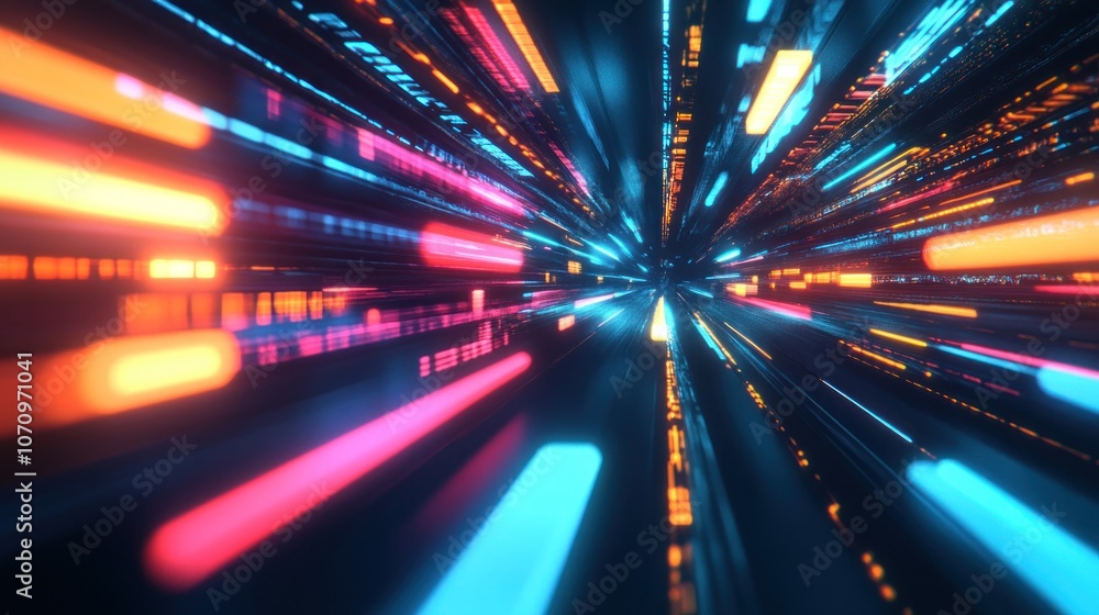 Poster a dynamic, abstract representation of light trails and speed through a digital space.
