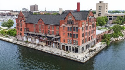 Naklejka premium Historic Red Brick Building on the Waterfront with Urban Backdrop and Industrial Charm