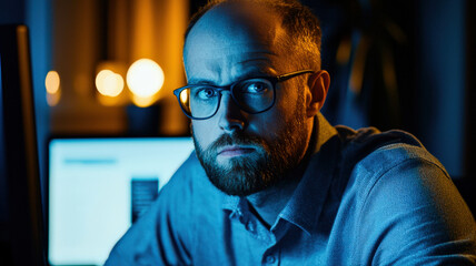 Obraz premium Employee focused in front of a computer, staring at the screen with full concentration