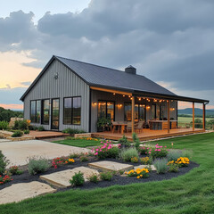 a stunning Barndominium that beautifully blends rustic and modern styles. The exterior features a combination of metal and natural wood, with large windows allowing ample natural light to flood in.