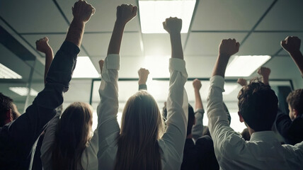 Employees celebrating together after achieving a milestone, showcasing unity and shared accomplishments in a professional environment