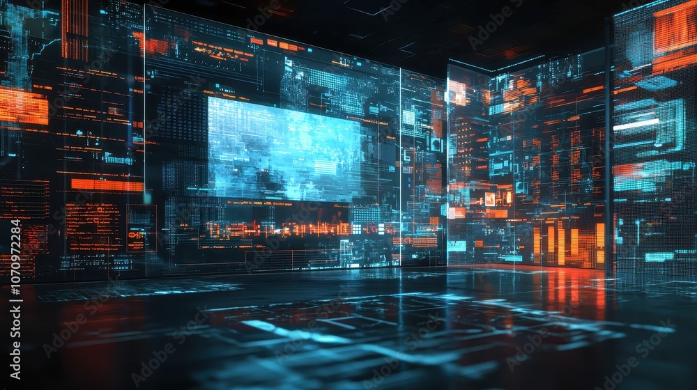 Poster a futuristic digital environment featuring glowing screens and holograms filled with vibrant data vi