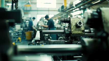 Fototapeta premium Employees operating machinery in a factory, highlighting precision, teamwork, and efficiency in a production environment
