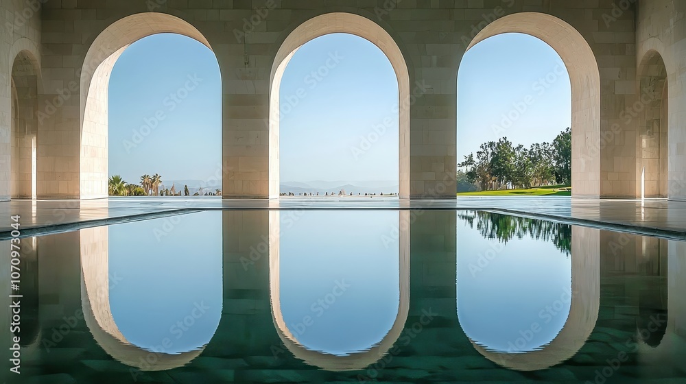 Poster a serene architectural view featuring arched windows reflecting in a tranquil pool, offering a glimp