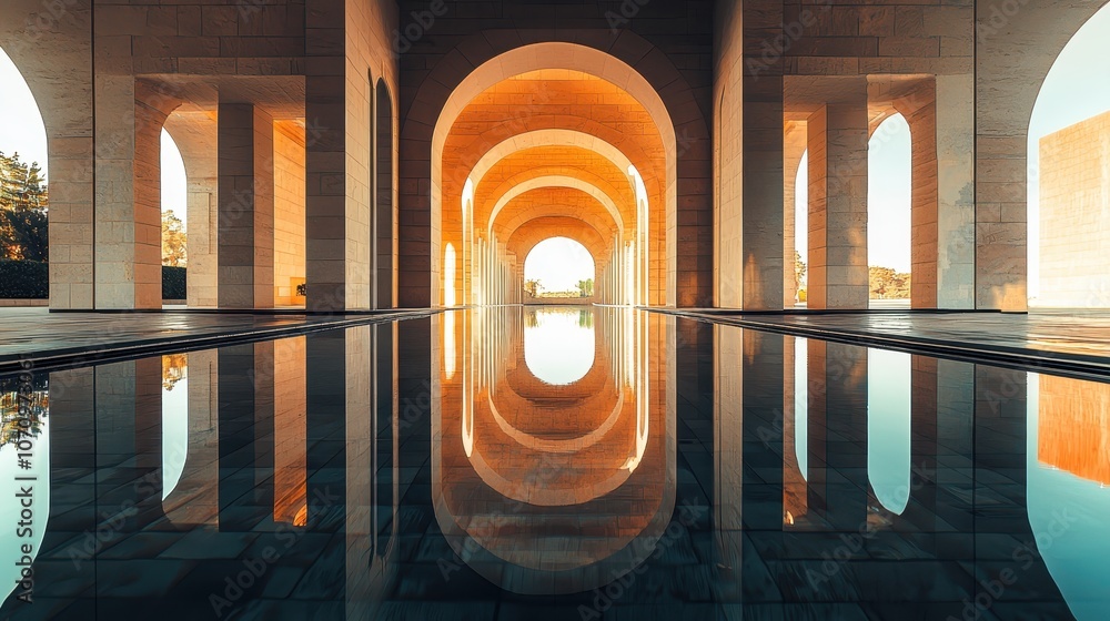 Poster a serene architectural scene featuring arched passages reflected in calm water, creating a tranquil 