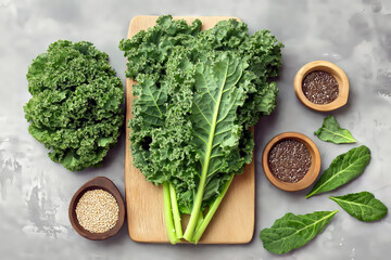 Fresh leafy kale arranged on a cutting board with small bowls of quinoa and flax seeds next to it, emphasizing a healthy lifestyle.
