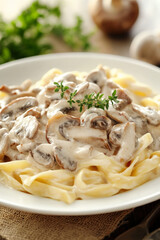 Creamy Mushrooms and Bacon stroganoff in cream sauce, photo for a recipe book
