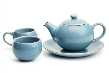 A blue ceramic teapot with matching cups and saucer arranged on a white background for a casual tea setting. Generative AI