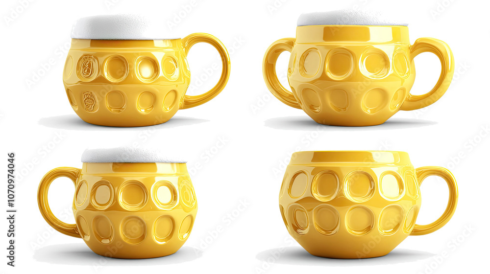 Poster unique set of four yellow beer mugs on a transparent background generative ai
