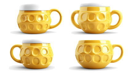 Unique Set of Four Yellow Beer Mugs on a Transparent Background Generative AI