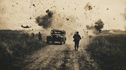 An old, war photograph of world war 2. military vehicles, bomb explosions, soldiers running with guns, aircrafts flying overhead. in the style of war photography