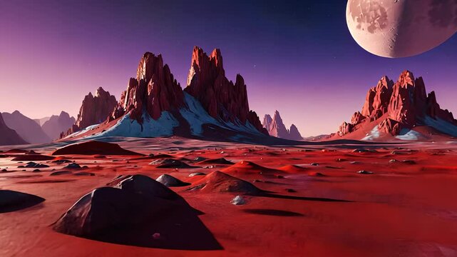 Surreal Alien Planet Landscape with Red Rocks
