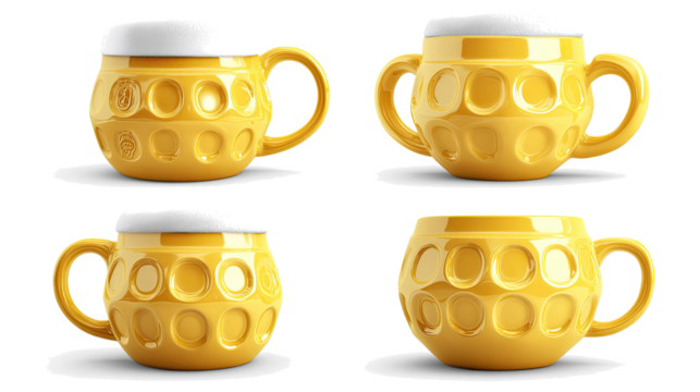 Unique Set of Four Yellow Beer Mugs on a Transparent Background Generative AI