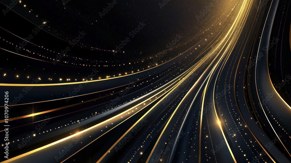 Poster abstract design featuring flowing lines and glowing particles on a dark background.