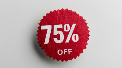 White '75% OFF' Text on a Red Round Paper Note. White Background with Copy Space