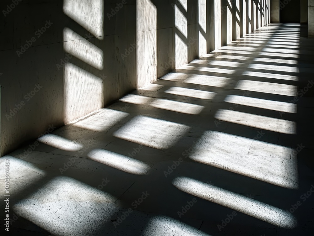 Poster a shadowy corridor featuring geometric patterns created by light filtering through bars, highlightin