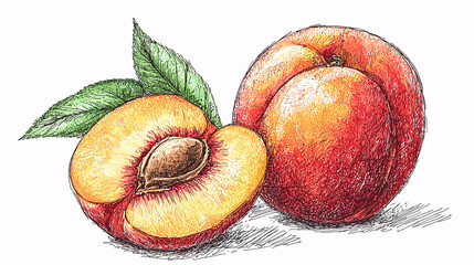 Detailed sketch of a peach fruit with a slice, highlighting its texture and natural beauty, isolated on a white background for a botanical illustration theme