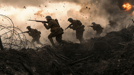 A vintage photograph of ww1 soldiers carrying rifles with bayonets, going over the top of a trench, tangled barbed wire in the foreground, soil and debris, smoke, explosions