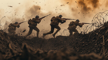 A vintage photograph of ww1 soldiers carrying rifles with bayonets, going over the top of a trench, tangled barbed wire in the foreground, soil and debris, smoke, explosions