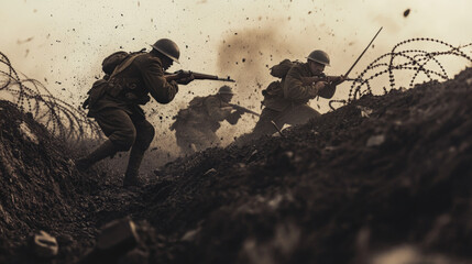 A vintage photograph of ww1 soldiers carrying rifles with bayonets, going over the top of a trench, tangled barbed wire in the foreground, soil and debris, smoke, explosions