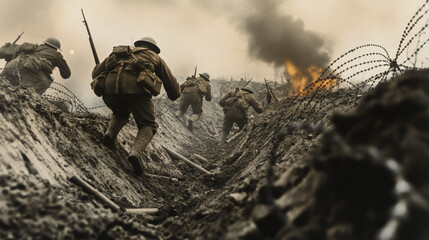 A vintage photograph of ww1 soldiers carrying rifles with bayonets, going over the top of a trench, tangled barbed wire in the foreground, soil and debris, smoke, explosions