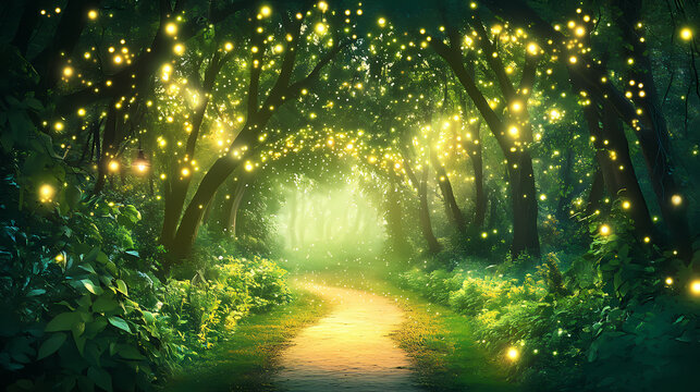 Beautiful green fantasy night forest illuminated by glowing fireflies, enchanting outdoor fairy tale nature scene with dreamy atmosphere and copy space. Fantasy. Illustration