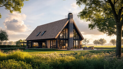 A modern Dutch barn-style home with rustic wooden beams and large glass windows, set in a scenic rural landscape.