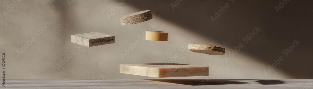 Poster A minimalistic composition of floating wooden blocks, showcasing a blend of textures and colors in a softly lit environment.