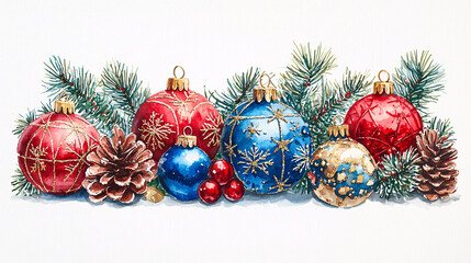 Festive illustration of Christmas decorations including baubles and tinsel, isolated on a white background, perfect for celebrating the holiday season