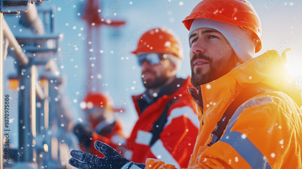 Poster engineers installing de-icing systems on high structures in winter