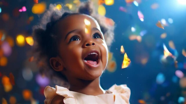 
Capture the joyful moment of a little girl celebrating her birthday surrounded by friends and family, filled with laughter, colorful balloons, and excitement.