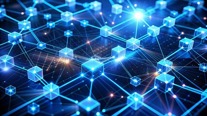 A glowing blockchain network with digital nodes connected by blue lines, symbolizing the decentralized nature of cryptocurrency