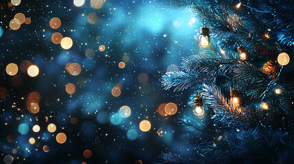 Holiday-themed illustration with a dark backdrop adorned with a blend of blue and white bokeh lights, creating a magical and festive effect