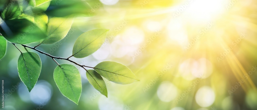 Poster a close-up of green leaves with sunlight filtering through, creating a serene atmosphere.