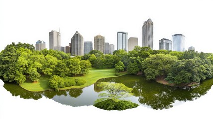 Fototapeta premium Panoramic Urban Skyline with Park and Reflective Lake in Daytime Serenity
