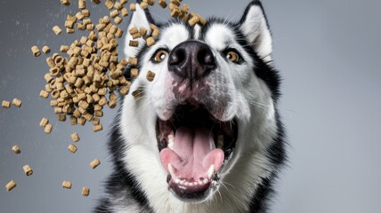 Obraz premium Alaskan Malamute Dog with Falling Kibble, Mid-Bark or Yawn, Close-Up