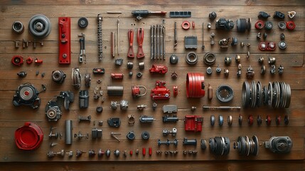 A flat lay of various industrial parts in red and silver on a wooden surface.