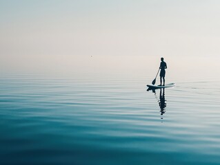 Naklejka premium A person paddleboards on calm waters, surrounded by a serene landscape and reflected in the glassy surface, evoking tranquility and adventure.