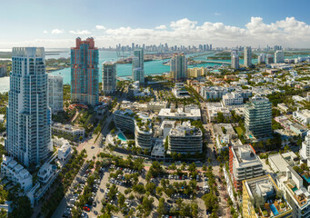 Fototapeta premium Miami Beach city with high luxury hotels and condos. High angle view of tourist infrastructure in southern Florida, USA