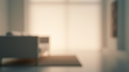 Blurred image of a room, where daylight illuminates the sofa and the carpet on the floor