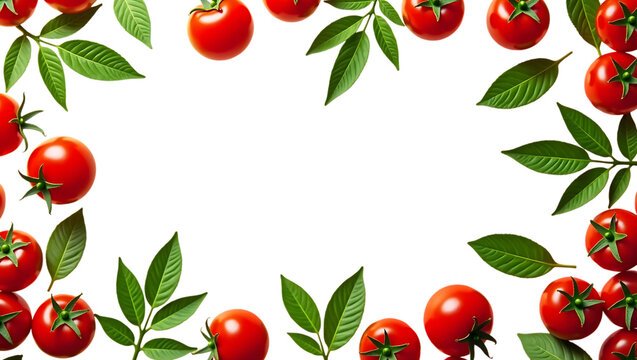 Fresh Tomato Frame with Green Leaves Isolated
