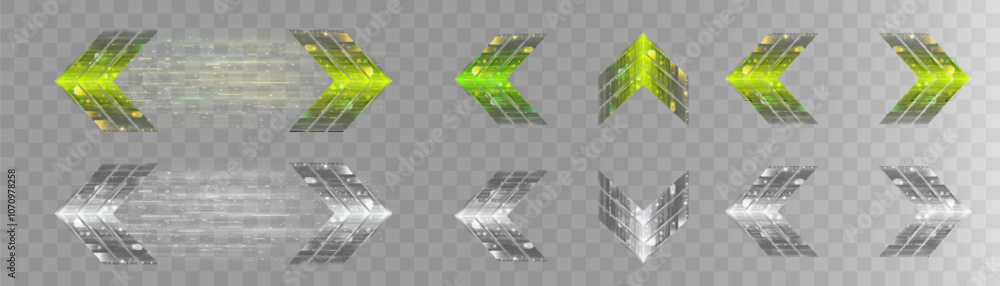 Poster translucent bright arrows and light signs. set of light arrows. vector