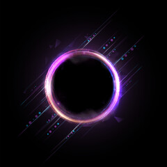 Bright light ring with neon effect. Round frame of light effect on black background. For web design and illustrations	