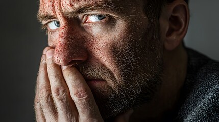 Portrait of man with facial redness and flaky skin with effects of psoriasis. World Psoriasis Day awareness campaigns and dermatological health-related projects