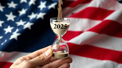 person holding a 2025 sundial with digital time and weather forecasting, American flag background - Powered by Adobe