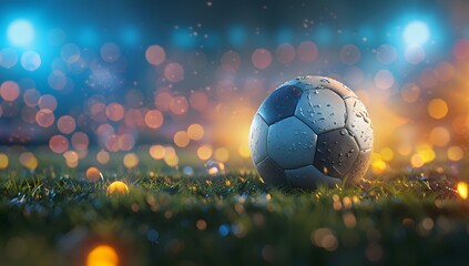Fototapeta premium Classic black and white soccer ball resting on green grass in a stadium, illuminated by stadium lights, symbolizing excitement of soccer games.