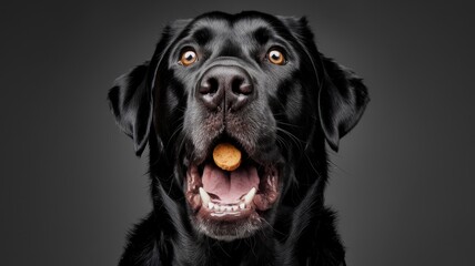 Fototapeta premium Black Labrador Retriever in Mid-Bark or Waiting for Food, Close-Up