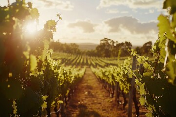 Naklejka premium A picturesque vineyard scene with sunlight shining through the leaves