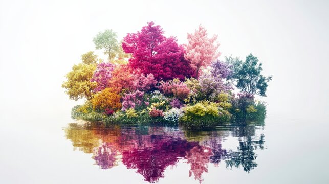 Vibrant Island Reflection with Colorful Trees and Serene Water in a Dreamy Atmosphere